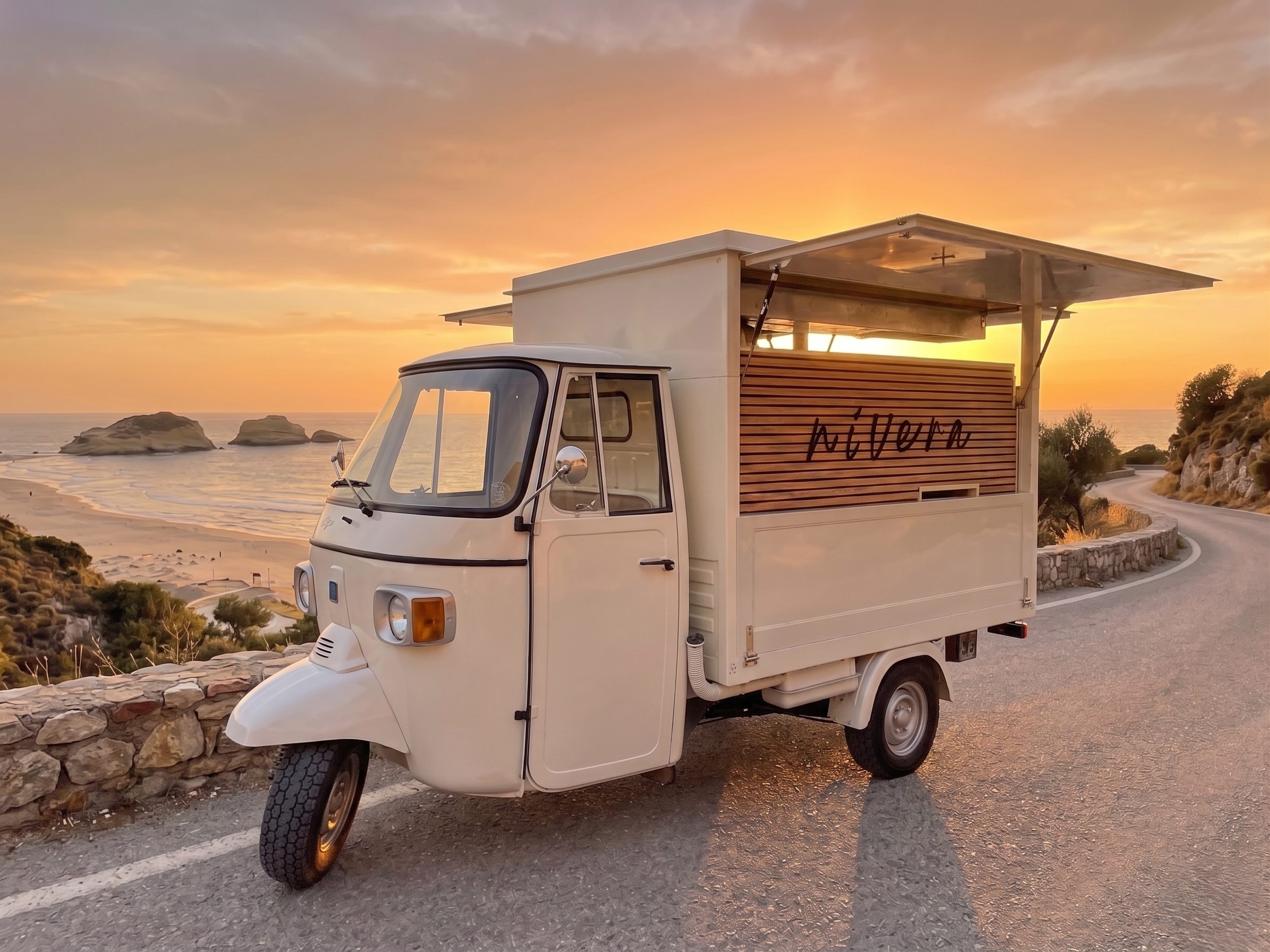 Ape Nivera su strada panoramica vicino al mare al tramonto