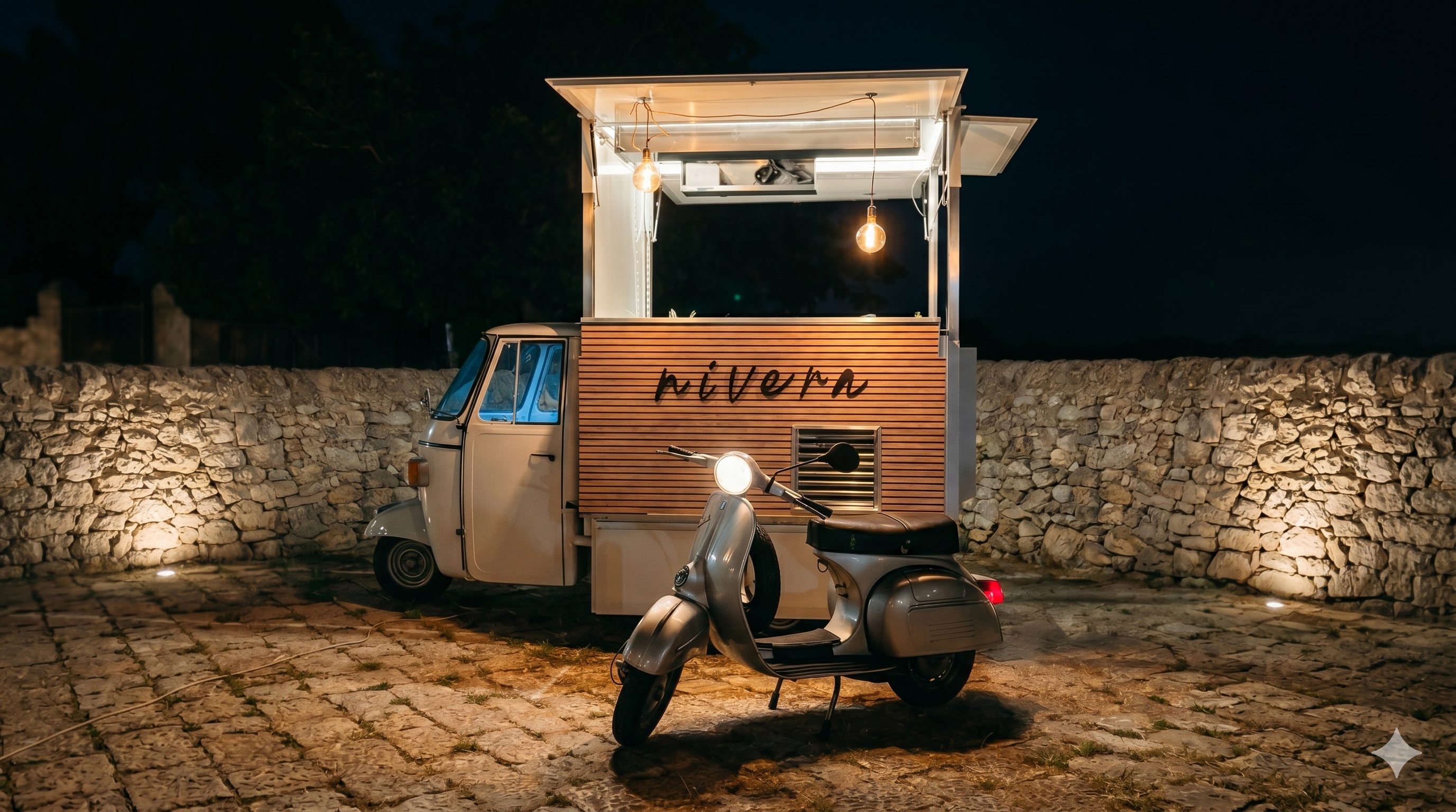 Ape Nivera illuminata di sera in una location in pietra