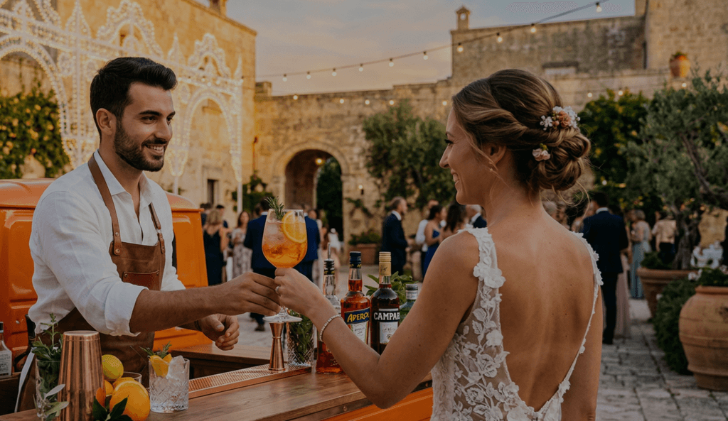 aperitivo fuori chiesa matrimonio, brindisi sposi sagrato, idee uscita sposi sicilia, carretto bibite chiesa.